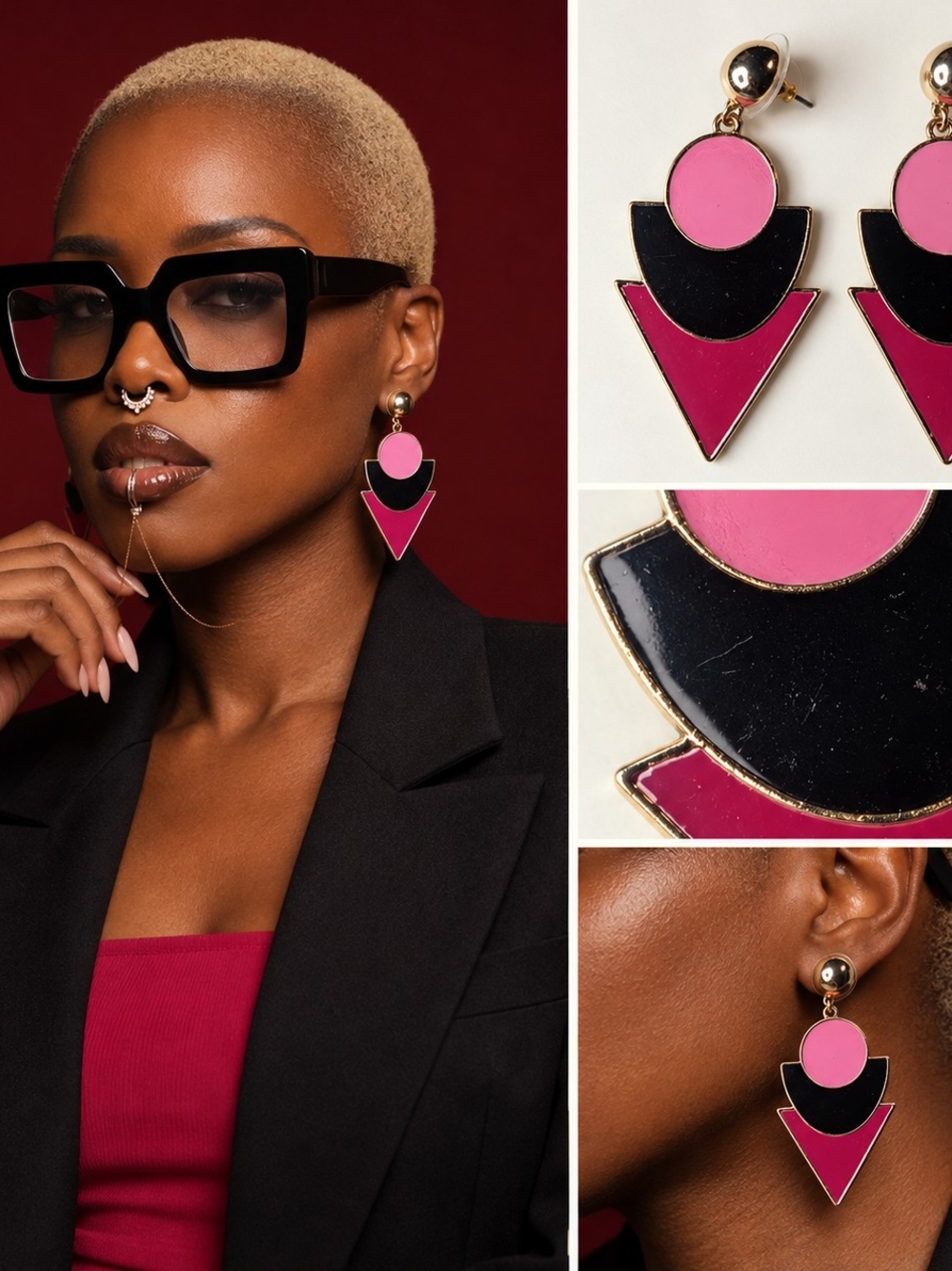 Stylish Pink & Black Geometric Drop Earrings - Women Jewelry